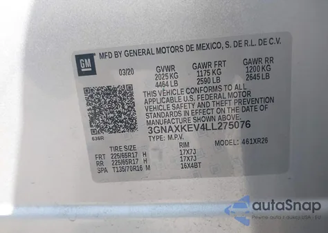 2020 Chevrolet Equinox Fwd Lt 1.5L Turbo z USA, uszkodzony, nr VIN 3GNAXKEV4LL275076